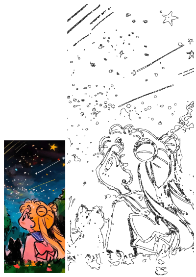 Illustration of Sailor Moon with Luna looking at a sparkling night sky full of stars and shooting stars.