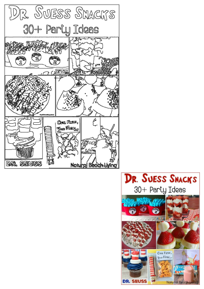 Dr. Seuss snacks and party ideas are featured in this collage. Includes Thing 1 and Thing 2 cupcakes, fruit skewers, and goldfish crackers.
