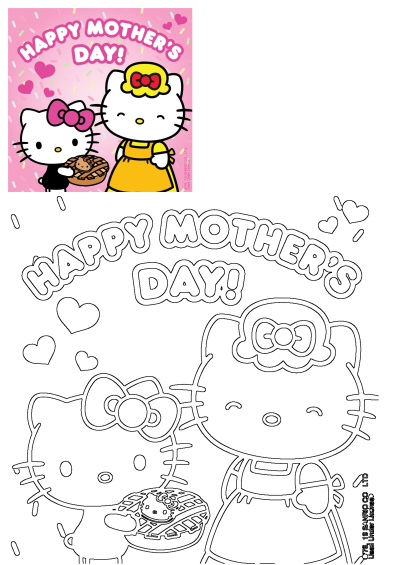 Hello Kitty Mother's Day card featuring Hello Kitty holding a pie for her mom.Pink background with hearts and sprinkles