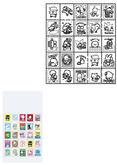 Colorful collection of Sanrio stamps featuring Hello Kitty, Kuromi, Pochacco, Tuxedosam, and more. Each stamp has a different color and design.