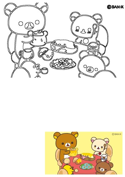 Rilakkuma and friends having a picnic at a table. Two brown teddy bears are sitting at the table with food, including honey and fish.