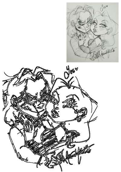 Chucky and Tiff, a pencil sketch of the iconic horror movie couple from Bride of Chucky, Childs Play. Chucky and Tiff embrace.