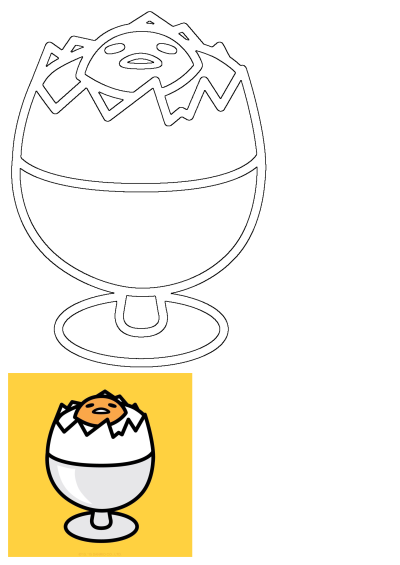 Gudetama, the lazy egg, sitting in the middle of a bowl with its hatched eggshell. Cartoon drawing of the Sanrio character on a yellow background.