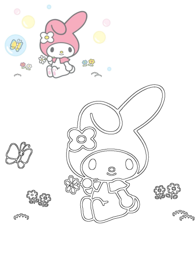 My Melody wallpaper with bubbles and flowers on the ground. Adorable Sanrio wallpaper featuring a butterfly, bubbles, and cute flowers.