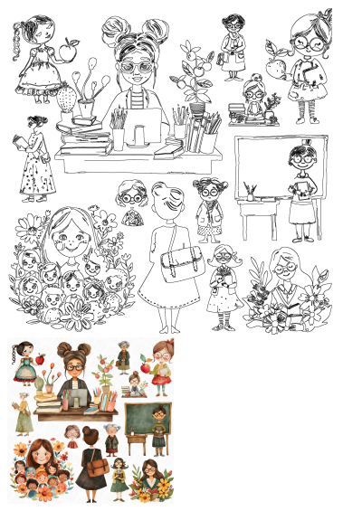 Children's school clipart featuring teachers and students. Watercolor style illustration perfect for educational resources and creative projects.