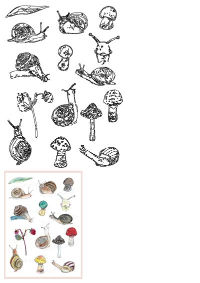 Watercolor painting of snails and mushrooms, showcasing a whimsical collection of forest creatures and fungi in delicate watercolor style.