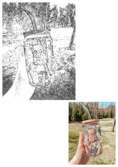 A hand holding a mason jar with a straw lid. The glass is decorated with highland cows, cacti, and hearts. A cute animal themed beverage cup.