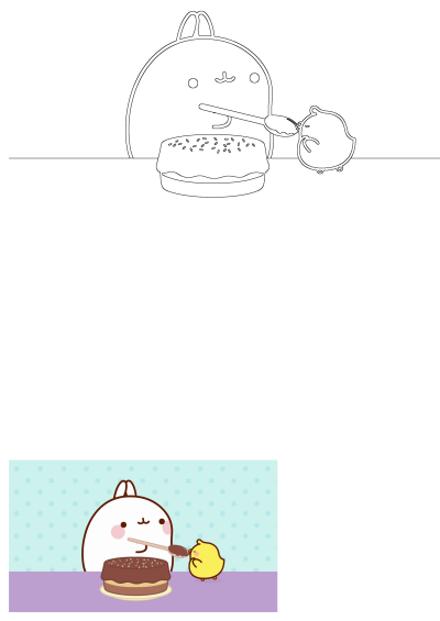 A cute cartoon illustration shows a cartoon character feeding a delicious cake to a little chick. Image as described in the alt text.