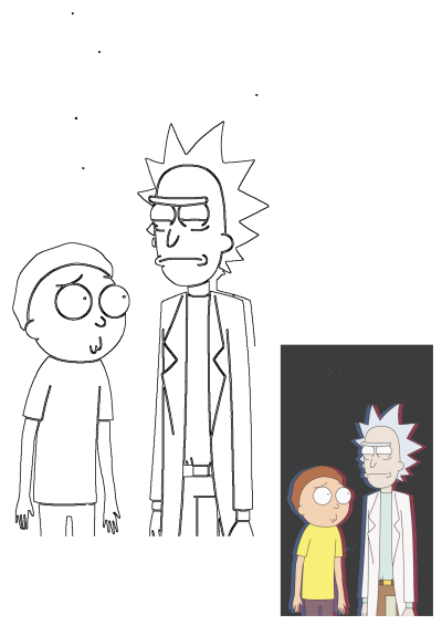 Rick and Morty in the dark. Morty looks at something strange, perhaps on Rick's head. Cartoon animation style for fans.