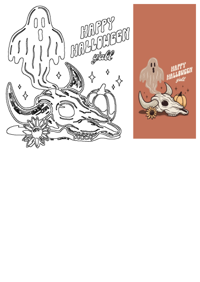 a happy halloween card with a skull, pumpkins and a ghost on the front