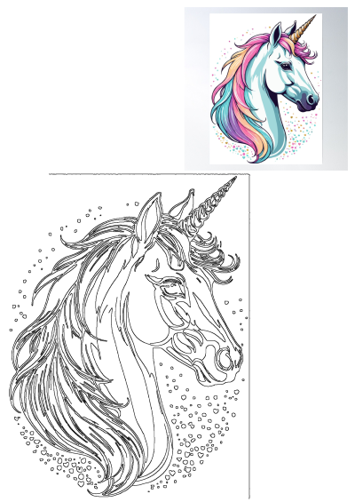 Majestic unicorn head illustration featuring vibrant rainbow mane, golden horn, and a detailed black line art outline version.