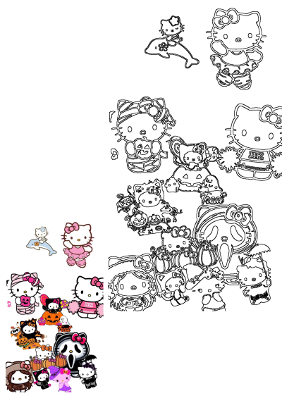 A cartoon collection of Hello Kitty characters dressed up in Halloween costumes.