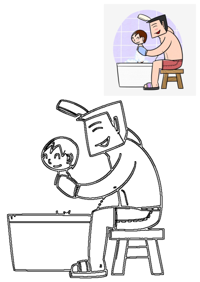 A man sitting on a stool in front of a bathtub, happily bathing a child. Father and child bonding moment illustration.