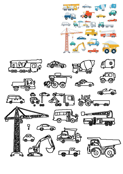 Illustration of various types of cartoon trucks and cranes on a white background. Collection of construction vehicles, cars and tractors.