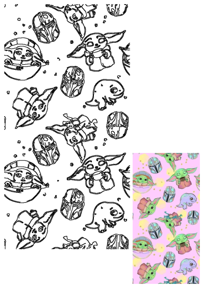 The baby yoda pattern is shown on a pink background. This pattern also includes The Mandalorian helmet and cute purple creatures.