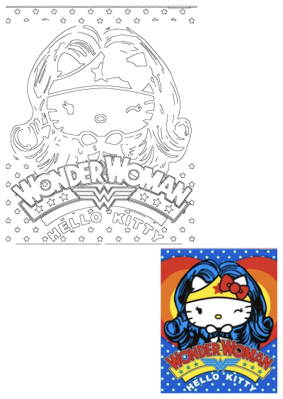Cartoon image mashup of Wonder Woman and Hello Kitty. Features Wonder Woman Hello Kitty character and comic book design with stars.