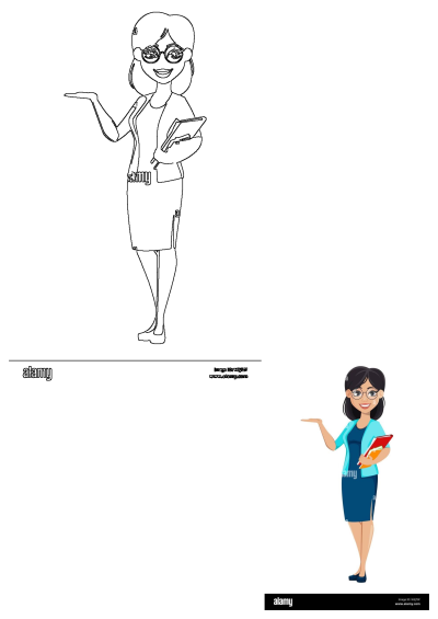 A cartoon image of a woman in glasses holding a folder. She is pointing towards the left, wearing a blue dress and light blue jacket. 