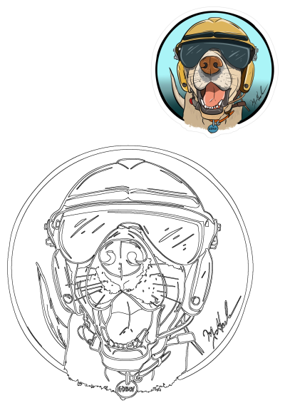 A cartoon drawing of a dog wearing a helmet and goggles. The dog has its tongue out, adding a playful touch. Perfect for dog lovers.