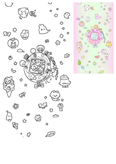 Pinterest in 2025, a kawaii aesthetic background with a pink Tamagotchi surrounded by cute cartoon icons of animals, food, and other whimsical elements.