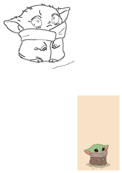 Cute cartoon image of Baby Yoda (Grogu) with big eyes and a shy expression, perfect for fans of The Mandalorian. 