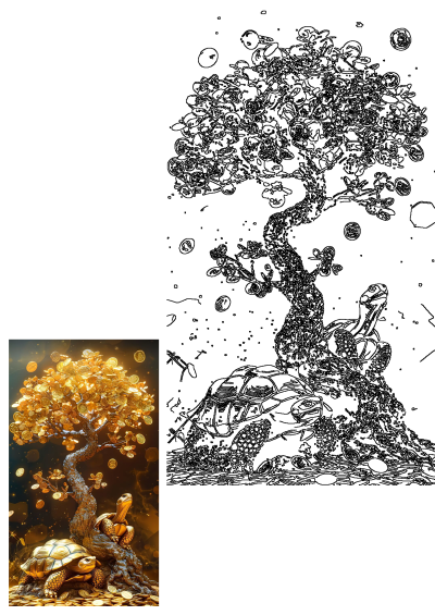 Image shows two golden turtles at the base of a tree adorned with gold coins, symbolizing wealth and success. 