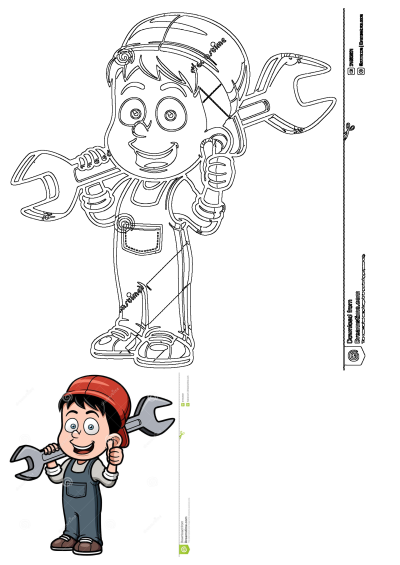 Cartoon of a smiling boy dressed as a mechanic holding a wrench. This image illustrates the fun of cartoon characters.