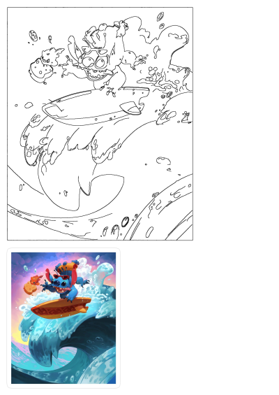 Cartoon image of Stitch surfing on a wave in the ocean with Pudge the fish holding a sandwich, Stitch has sunglasses and is enjoying the ride.