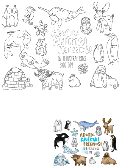 Watercolor and ink drawing of arctic animals, including a polar bear, penguin, walrus, and seal. Set of 16 illustrations, 300 DPI.