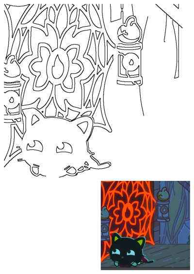 A black cartoon cat rests on a wooden floor next to a red wall featuring an intricate, glowing design. Whimsical and decorative cat.