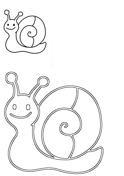 A cute snail drawing with a simple outline. This illustration has a smiling face and a swirly shell. Black and white. 
