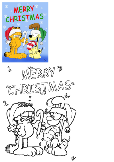 Garfield and Odie celebrate Merry Christmas, wearing Santa hats and holding candy canes against a snowy blue background.