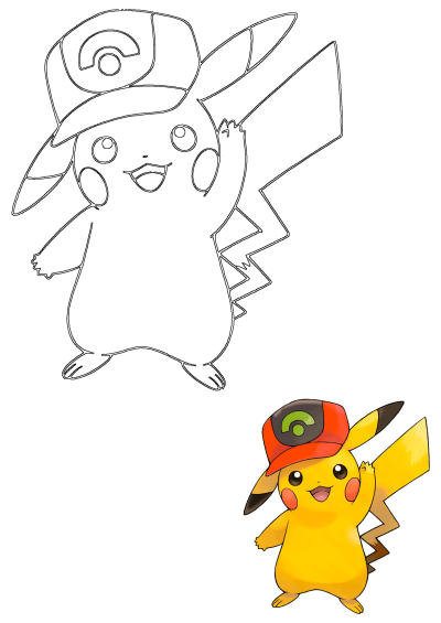 A cartoon pikachu wearing a red baseball cap, waving his hand with a smile. Adorable fan art of the popular Pokemon character.