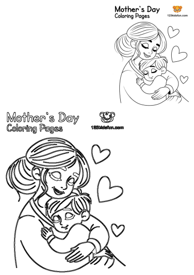 Mother's Day coloring page featuring a mother lovingly embracing her child. A heart warming image to color for Mother's Day.