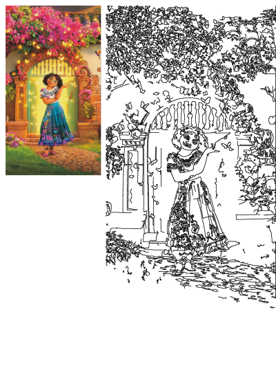 Mirabel Madrigal stands before the magical door of Casita in Encanto, surrounded by vibrant flowers and butterflies, bringing the charm of the film to life.