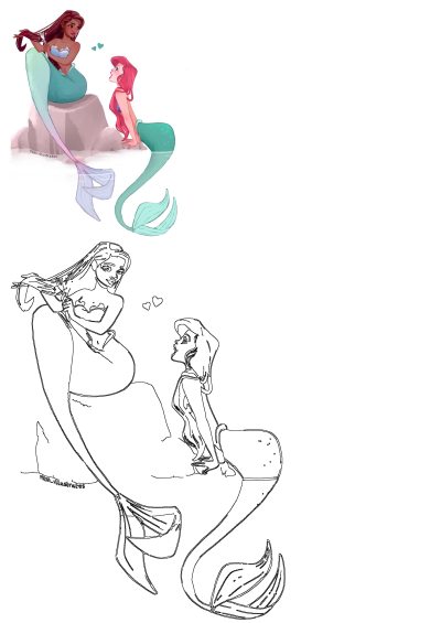 Illustration of Ariel with her mother. The little mermaid is sitting next to her mother in a lighthearted underwater moment.