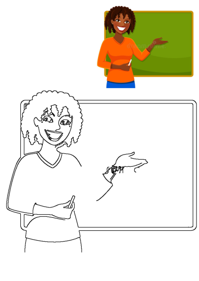 Cartoon illustration of an African-American teacher with a chalkboard, explaining lesson with a chalk in her hand, ideal for educational content.