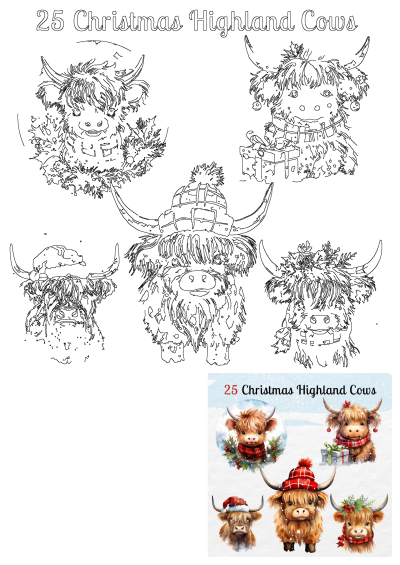 Christmas Highland Cow Png Clipart Bundle. Cute baby highland cows with santa hat,scarf,gift and red cap.Digital Download Commercial Use. 