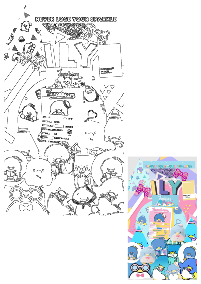 Some little penguins, Tuxedosam, are standing together in a colorful background with the words 'Never Lose Your Sparkle' on it.