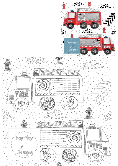 Two watercolor firetrucks on a white background with black and gray dots. Cute illustration perfect for kids design, prints, or patterns.