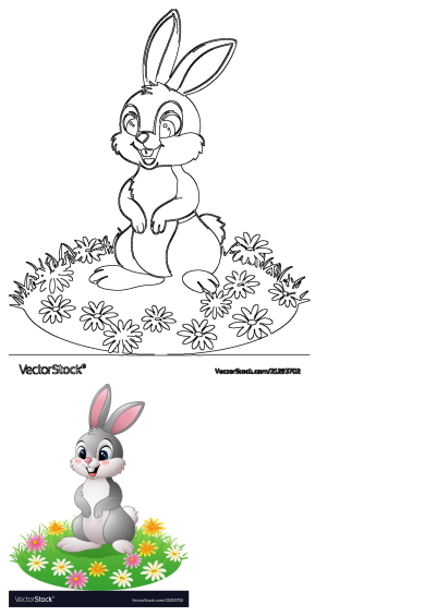 A cute cartoon rabbit sitting in the grass with colorful daisies. This cheerful bunny is a sweet springtime image for kids of all ages.