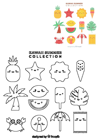 Kawaii summer collection with cute cartoon characters, including pineapple, starfish, sun, ice cream, crab, palm tree, lemon, watermelon, beach ball.