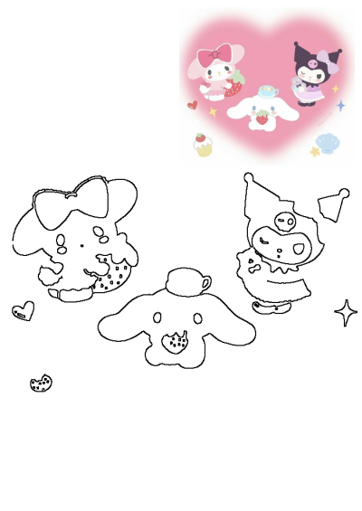 A cute image of kawaii Sanrio characters having a strawberry-themed tea party with My Melody, Kuromi, and Cinnamoroll.