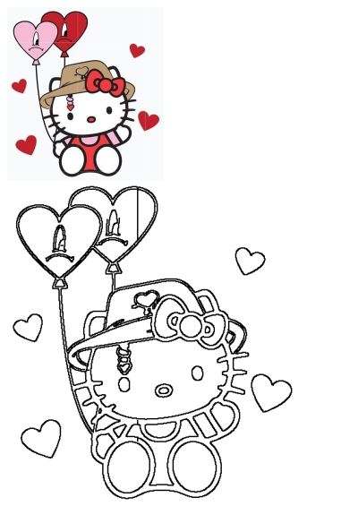 Hello Kitty wearing a hat and holding heart balloons, one pink and one red, with cartoon faces. PNG image, cute and whimsical. 