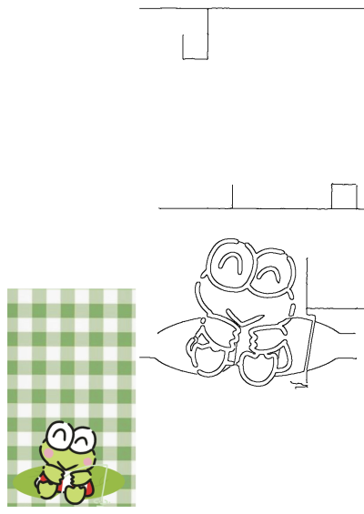 Kerropi fishing on a lilly pad with a charming green and white checkered background. A cute and playful illustration of the Sanrio character.