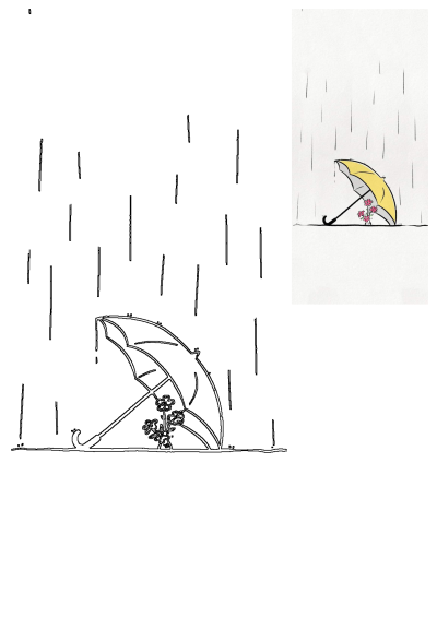 Cartoon drawing shows a yellow umbrella protecting a vase of pink flowers from the rain. Cute and whimsical illustration.
