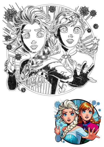 Cartoon illustration of Elsa and Anna from Frozen. Two cartoon characters with blue eyes, blonde hair, one pointing at the camera. 