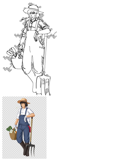 Anime-style farmer in overalls, hat, and gloves. Holding a basket of fresh vegetables, and a pitchfork. A hard-working, cartoon farm worker.
