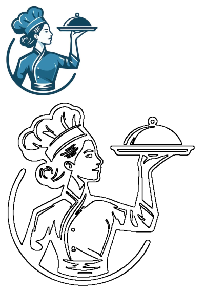 Illustration of a woman holding a tray with a covered dish, wearing a chef hat. Ideal for restaurants, food service or culinary content.