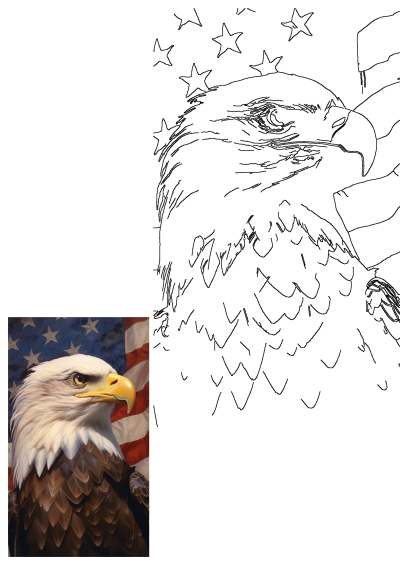 An eagle stands proudly before the American flag, head turned showcasing its majestic gaze. Patriotic symbol of freedom and national pride.