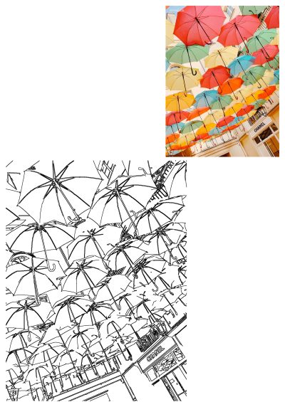 View of many colorful umbrellas hanging from the ceiling, used as street decoration in Paris, near a Chanel store, creating a vibrant and artistic scene.